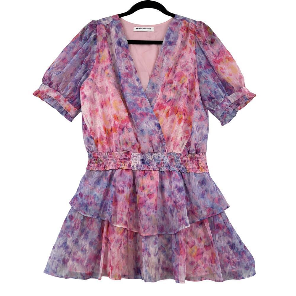 Amanda Uprichard Adriel Mini Dress Size M Cotton Candy Tie Dye Pink Ruffle Tiers